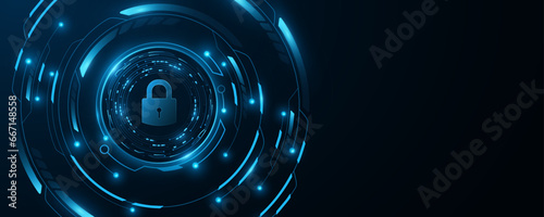 Data protection background. Futuristic glowing HUD circle with lock icon. GUI and UI design. Technology cover. Vector illustration.