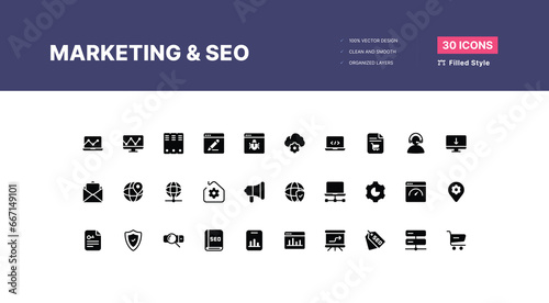 Marketing and Seo Icons Pack. SEO optimization icons. Set of line icons. Achieving results. SEO concept. Search Engine Optimization icon collection. Containing business - Filled Style