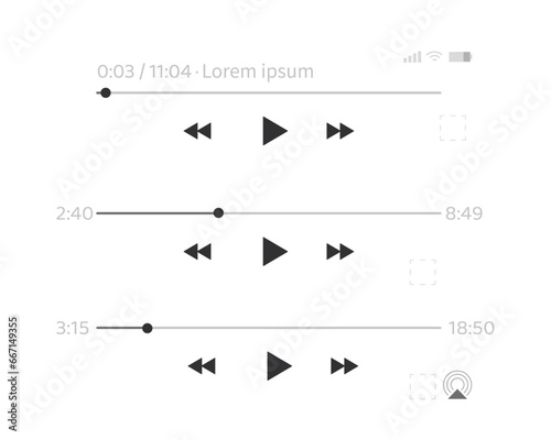 Set audio or video player progress loading bars with time slider, play and pause, rewind and fast forward buttons. Templates of media player playback panel interface. Vector illustration
