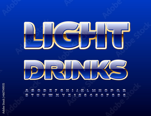 Vector premium banner Light Drinks. Glossy Blue and Gold Font. Creative set of luxury Alphabet Letters and Numbers