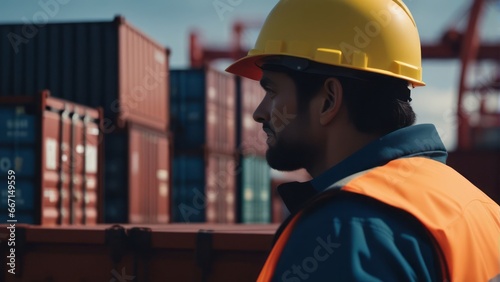 A dockworker walking in the harbor looks at the containers