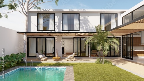 façade, each minimalist white, with a swimming pool in the front, many green areas, double height and special for living