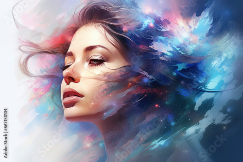 Beautiful fantasy abstract portrait of a beautiful woman double exposure
