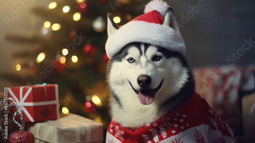 Siberian Husky wearing Santa Claus hat sitting with Christmas tree as background © Infinindy