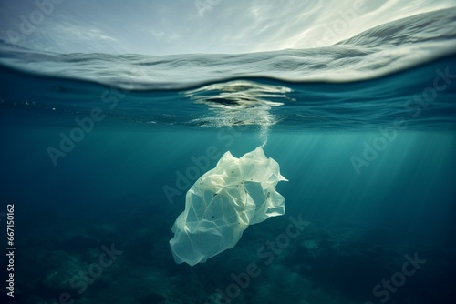 Floating plastic bag iceberg in ocean depicting global warming. Generative AI