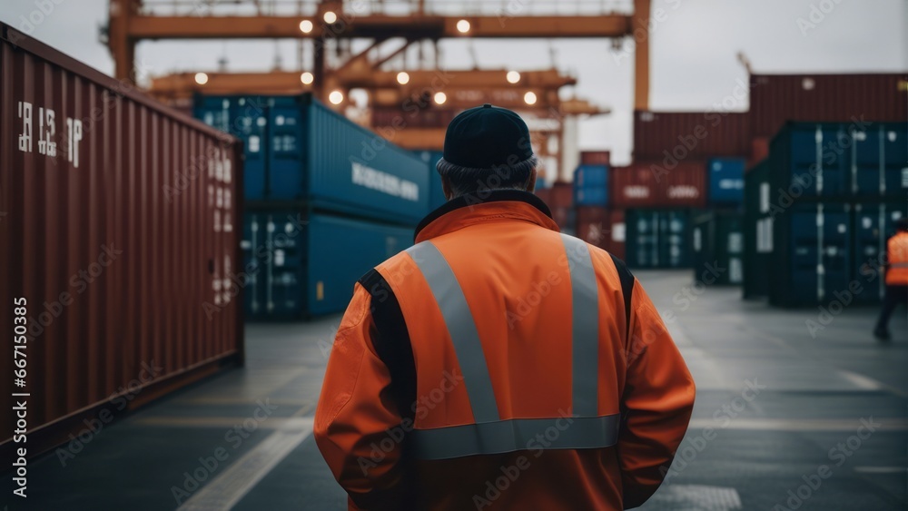 A dockworker walking in the harbor looks at the containers A dockworker walking in the harbor looks at the containers