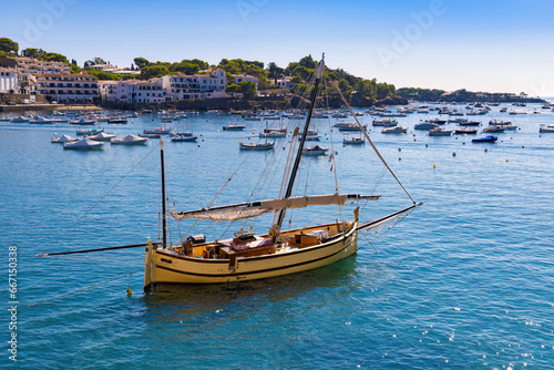 Sailboat anchored in the bay of Cadaqu  s  Alt Empord    Costa Brava  Catalunya  Spain