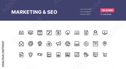 Marketing and Seo Icons Pack. SEO optimization icons. Set of line icons. Achieving results. SEO concept. Search Engine Optimization icon collection. Containing business - Line Style
