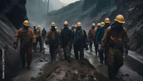A group of workers trekking through a muddy road in a mining quarry
