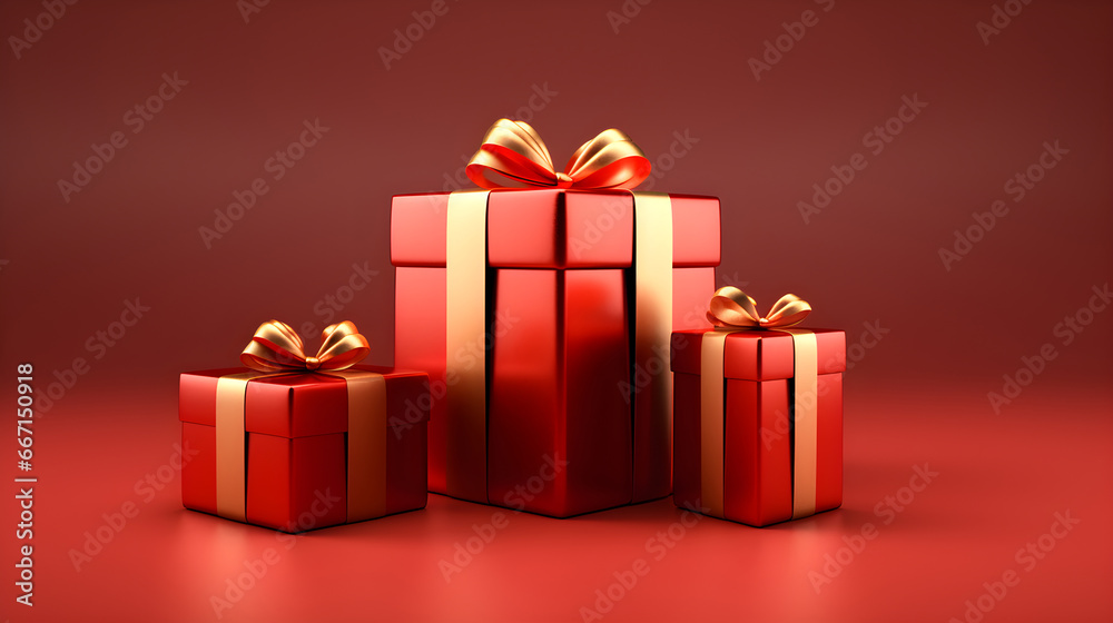 Fototapeta premium red gift box Tie a golden bow on a red background