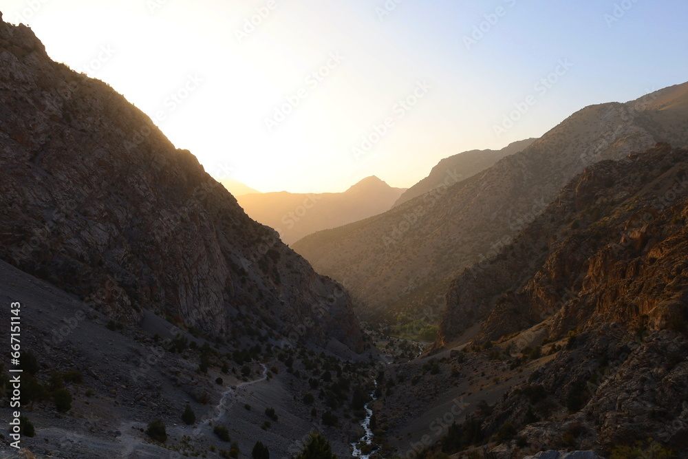 Mountain landscape on a hiking trail from Artuch tu Kulikalon lakes in Fann Mountains, Tajikistan