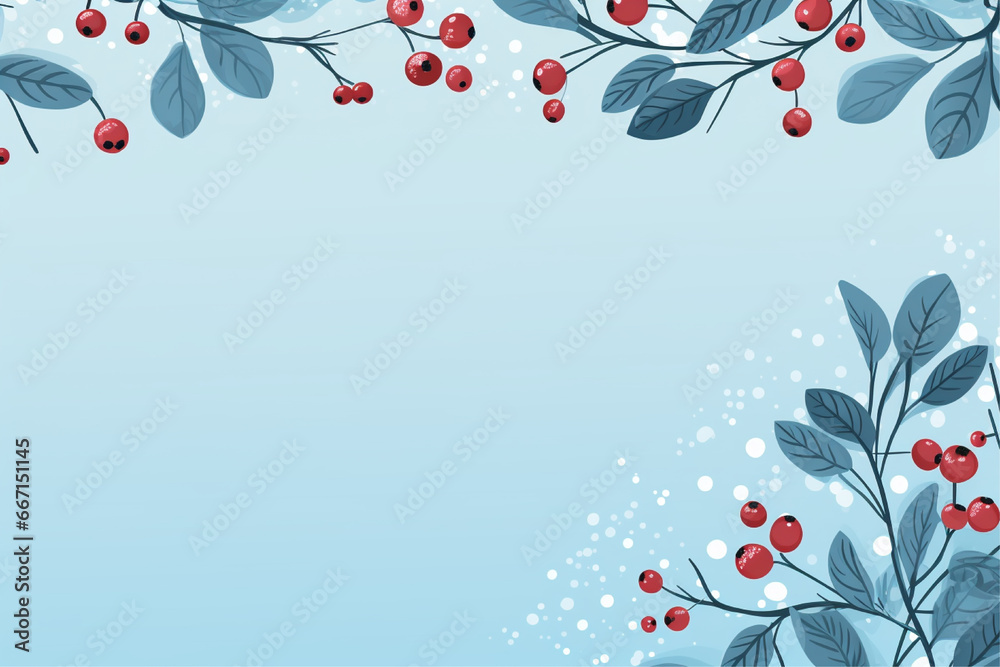 christmas card background in blue with berries and leaves, blue christmas background pattern with snowflakes