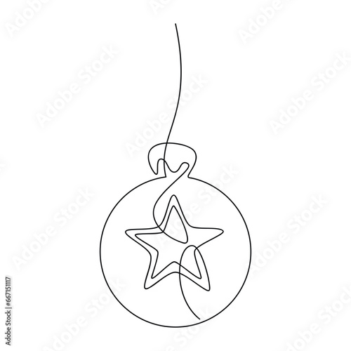 Christmas tree ball bauble star line continuous drawing vector. Hand drawn illustration, graphic design, print, banner, card, poster, sign, symbol, logo, festive ornament, holiday decor, outline icon.