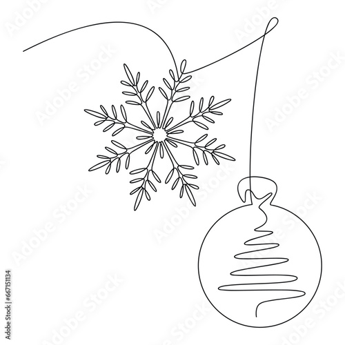 Snowflake Christmas tree ball bauble line continuous drawing vector. Hand drawn illustration, graphic design, print, banner, card, poster, sign, symbol, logo, festive ornament, holiday decor icon.