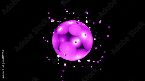 3d rendering of an abstract sphere and a lot of droplets that fly apart. Abstract 3d illustration. Fantastic laboratory.
