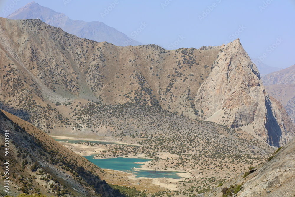 Aerial view of Chimtarga and Kulikalon lake with Chimtarga mountain in the background, Fann mountains, Tajikistan