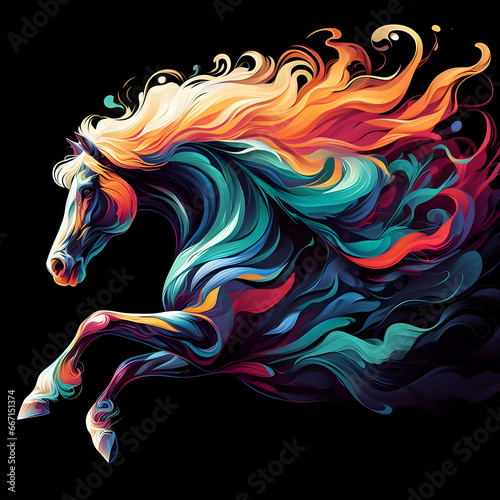 Stylized Portrait of a Fiery Fantasy Flaming Equestrian Horse Animal Ghost with Flowing Mane Power Galloping  Jumping Running Full Trot, Smoke & Blazing Fire Devil Hell Flames, Dark Black Background
