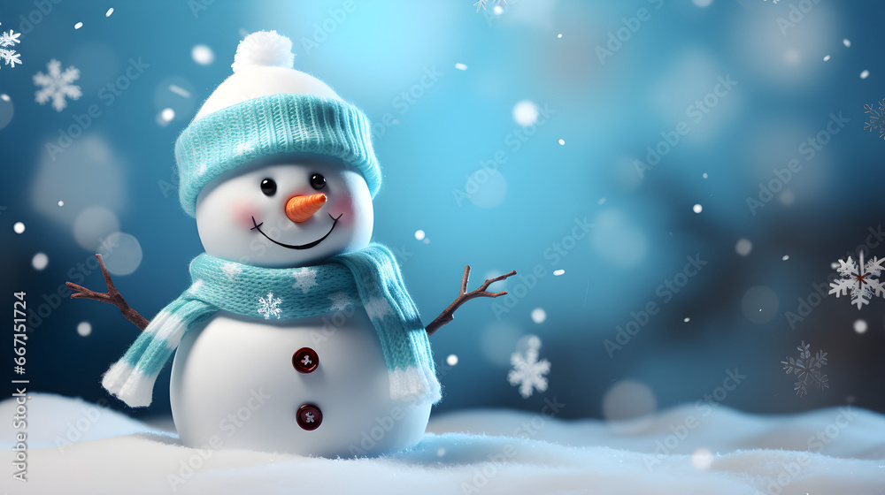 jolly snowman on blue background, happy, with copy space