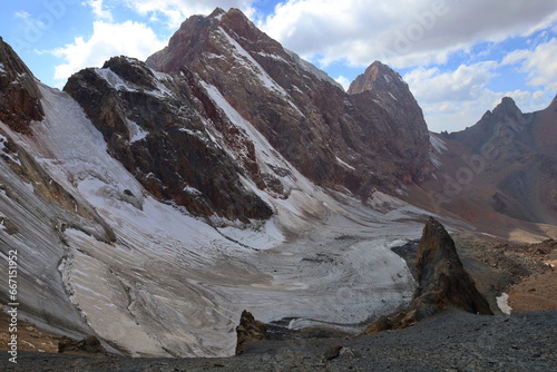 Rocky and glacial mountain landscape on a hiking trail from Iskandarkul to Chimtarga in Fann mountains  Tajikistan