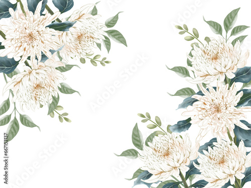Fotobehang 水彩で描いた白い菊の花と植物のフレーム