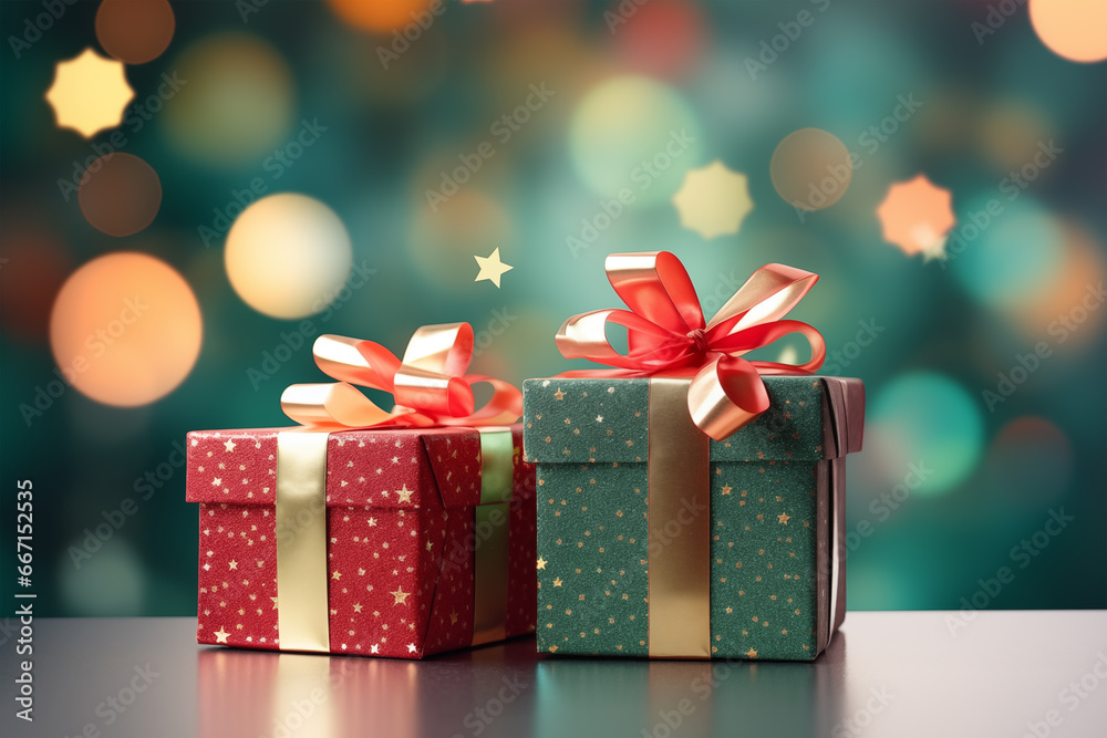 Red and green festive gift boxes on green background with beautiful bokeh Red and green festive gift boxes on green background with beautiful bokeh