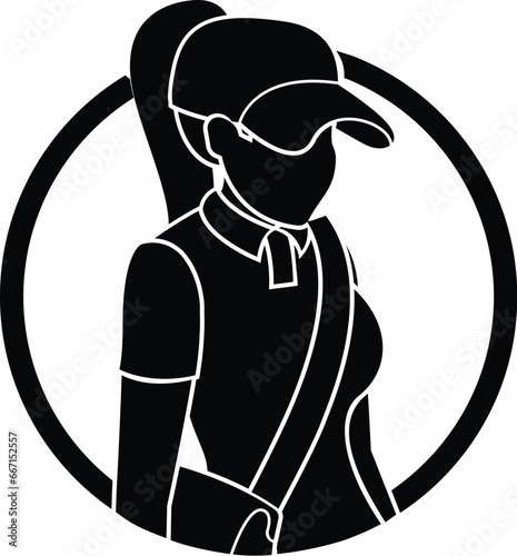 Cartoon Black and White Isolated Illustration Vector Of A Female Delivery Worker In A Circle Frame