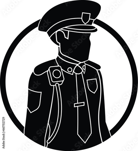 Cartoon Black and White Isolated Illustration Vector Of A Police Officer In A Circle Frame