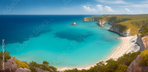 A panoramic view from a cliffs edge overlooking a sere of beautiful sea and beach. ai generative