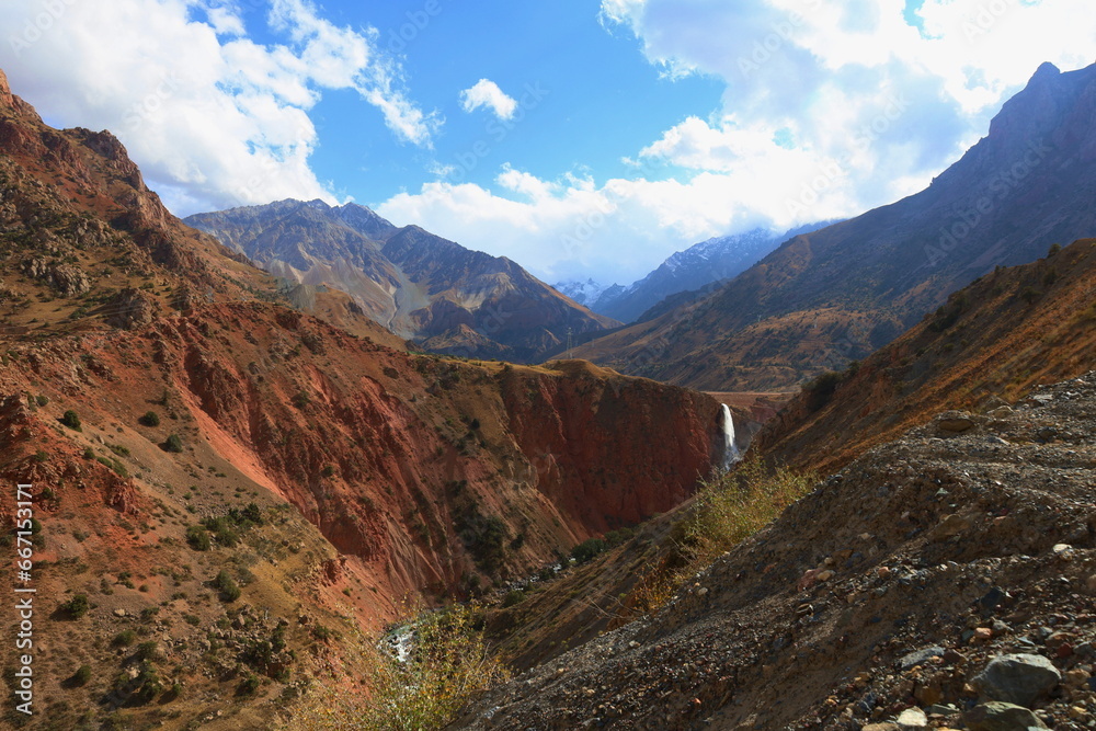 Mountain landscape on a hiking trail from Sarytag to Iskandarkul in Fann mountains, Tajikistan