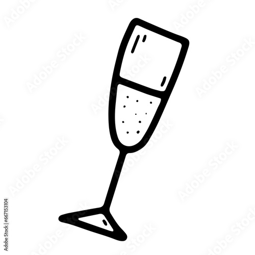 Doodle vector Glass for prosecco, champagne. Celebratory drink isolated on white background. Wineglass for the festive decoration, New Year, Christmas holiday, Birthday, Valentines Day illustration