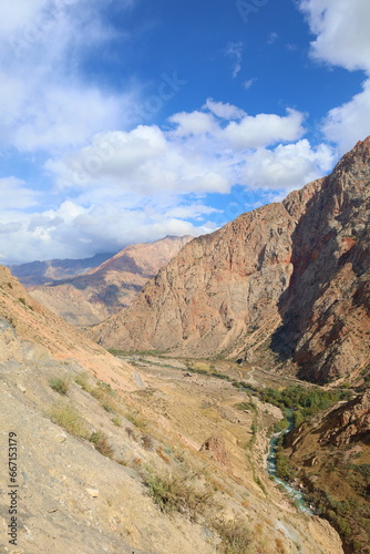 Mountain landscape on a hiking trail from Sarytag to Iskandarkul in Fann mountains, Tajikistan