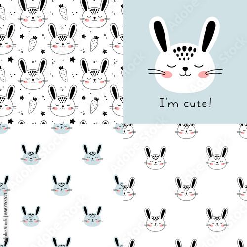 Set of Cute Little Hare seamless patterns. Hand drawn Little Bunny in doodle style for designing baby clothes. Cartoon Bohemian nursery print. Kids design texture. Vector illustration.