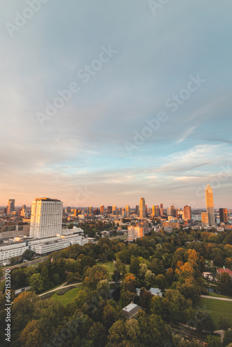Sunset over Rotterdam city centre and its surrounding park. Sunset in one of the most modern cities in the Netherlands