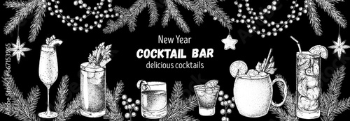 Alcoholic cocktail sketch. Christmas menu. Hand drawn vector illustration. Hand drawn drinks illustration. Cocktails set. Menu design elements.