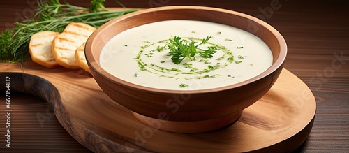 Creamy potato soup served on a wooden plate