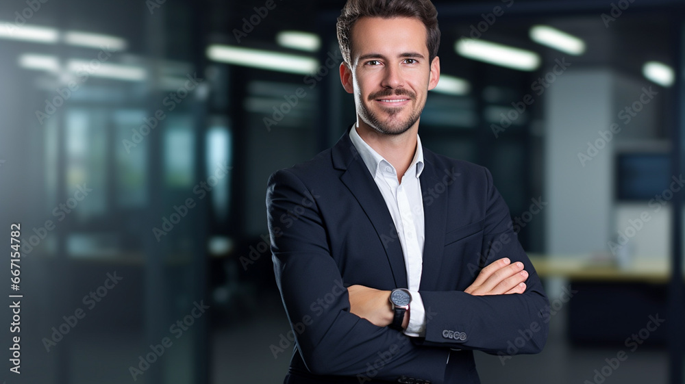 Successful team leader and business owner in suit with crossed arms, professional manager, confident businessman looking at camera.

