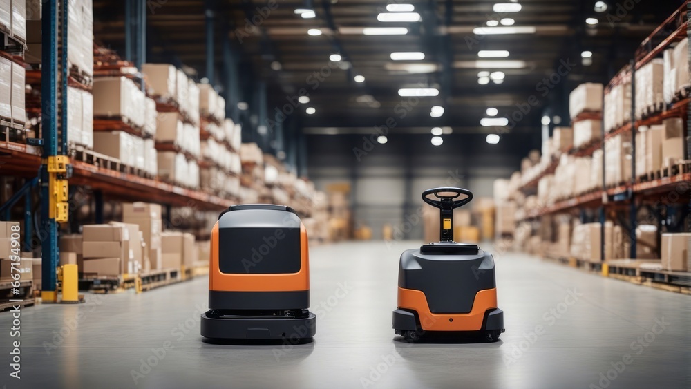 AGV (Automated guided vehicle) in warehouse logistic and transport AGV (Automated guided vehicle) in warehouse logistic and transport