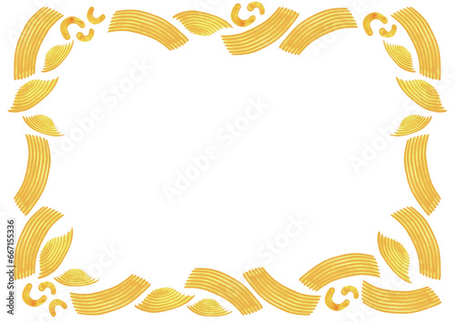 Rectangular A3 frame made of different types of Italian pasta for designing menus, certificates and booklets, and advertising cafes. Isolated watercolor illustration. Clipart.