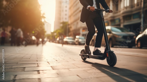 Close-up of businessman riding electric scooter in city © RMedia