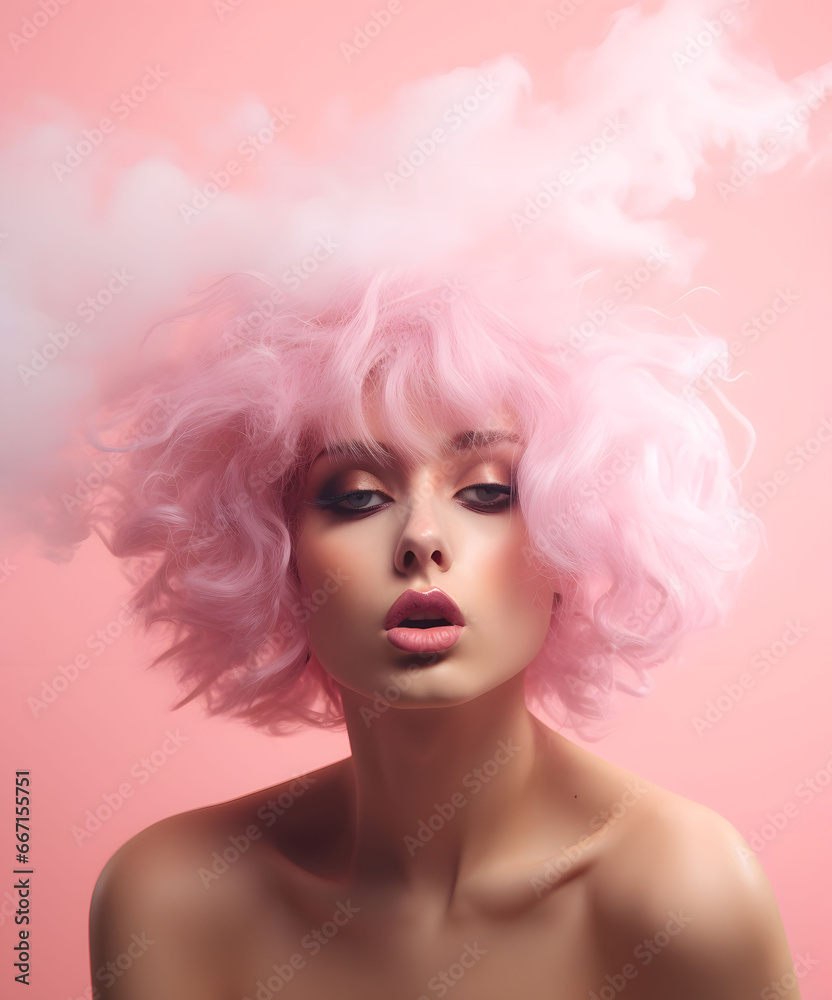 A young beauty with perfect skin, daytime makeup, pastel pink shaggy hair and a fluffy cloud above her head