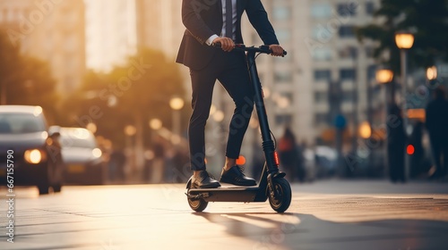Close-up of businessman riding electric scooter in city
