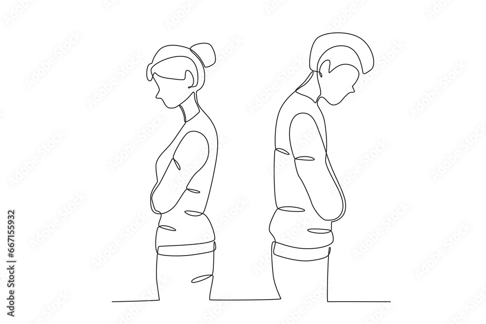 A couple separates back to back from each other. Breakup one-line drawing A couple separates back to back from each other. Breakup one-line drawing