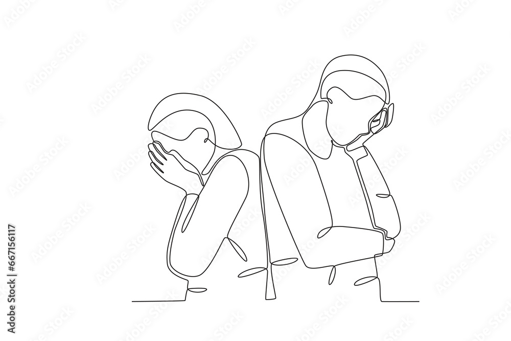 A depressed couple in a relationship. Breakup one-line drawing