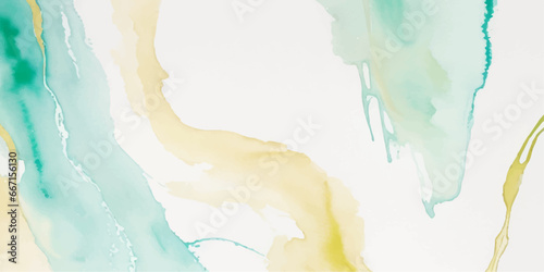 Abstract watercolor paint background illustration - Soft pastel green aquamarine color and golden lines, with liquid fluid marbled paper texture banner texture.	