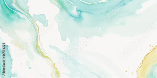 Abstract watercolor paint background illustration - Soft pastel green aquamarine color and golden lines, with liquid fluid marbled paper texture banner texture.	