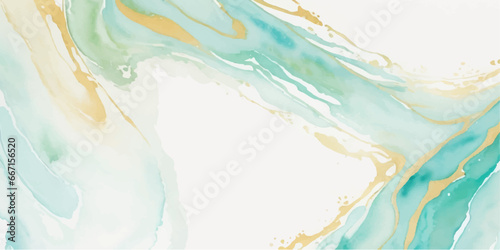 Abstract watercolor paint background illustration - Soft pastel green aquamarine color and golden lines, with liquid fluid marbled paper texture banner texture.	