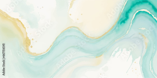 Abstract watercolor paint background illustration - Soft pastel green aquamarine color and golden lines, with liquid fluid marbled paper texture banner texture.	