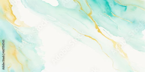 Abstract watercolor paint background illustration - Soft pastel green aquamarine color and golden lines, with liquid fluid marbled paper texture banner texture.	