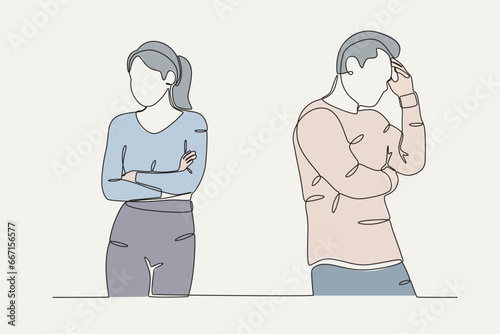 Color illustration of a couple quarreling. Breakup one-line drawing