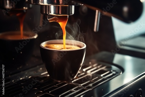 Coffee machine in kitchen makes cup of coffee. Coffee machine in kitchen at work preparing cup of aromatic filling room with scent. Coffee machine operates in kitchen producing cup of coffee